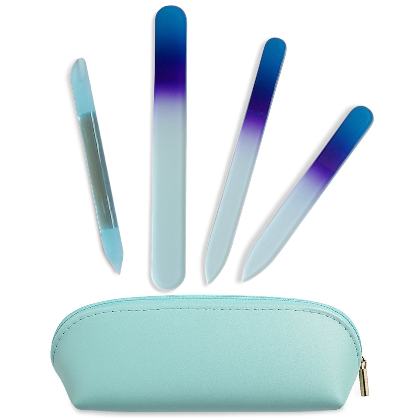 Alban Czech Glass Nail File Set with Manicure Stick & Vegan Leather Cosmetic Case (Royal Blue & Purple Nail Files, Light Blue Manicure Stick & Cosmetic Case)