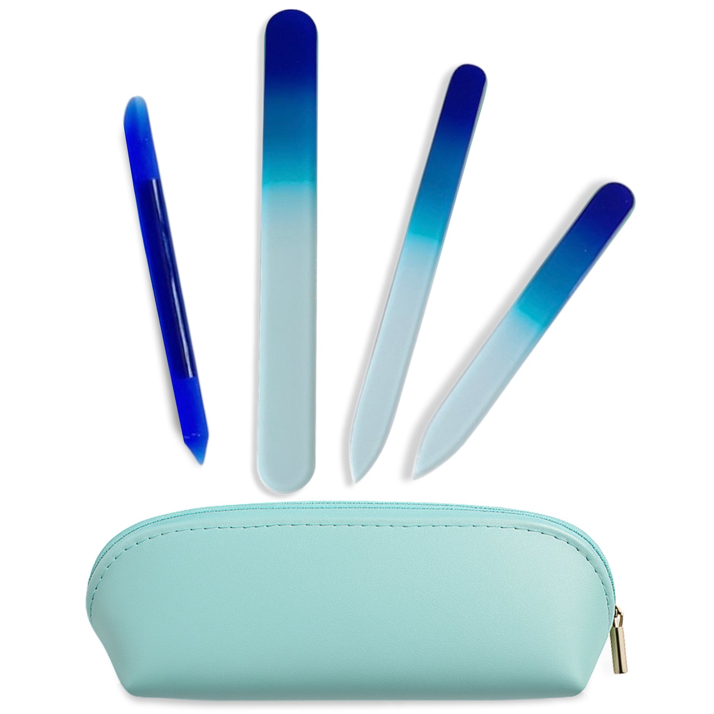 Alban Czech Glass Nail File Set with Manicure Stick & Vegan Leather Cosmetic Case (Green-Blue Nail Files, Light Blue Manicure Stick & Cosmetic Case)