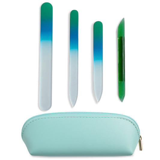 Alban Czech Glass Nail File Set with Manicure Stick & Vegan Leather Cosmetic Case (Green-Blue Nail Files, Green Manicure Stick & Light Blue Cosmetic Case)