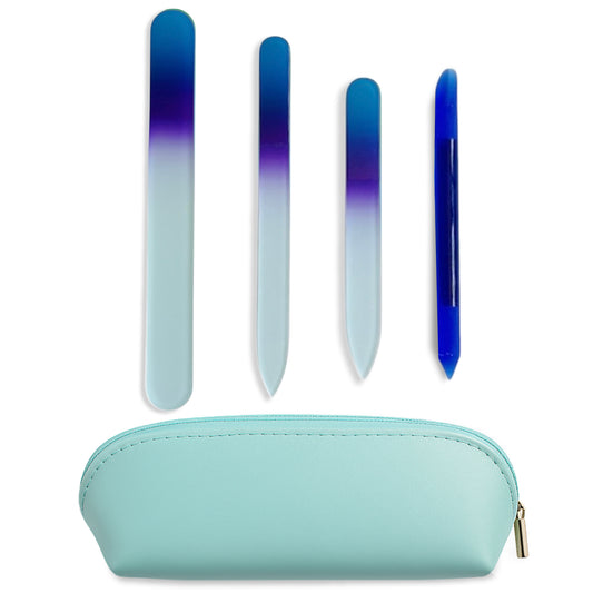 Alban Czech Glass Nail File Set with Manicure Stick & Vegan Leather Cosmetic Case (Royal Blue & Purple Nail Files, Royal Manicure Stick & Light Blue Cosmetic Case)