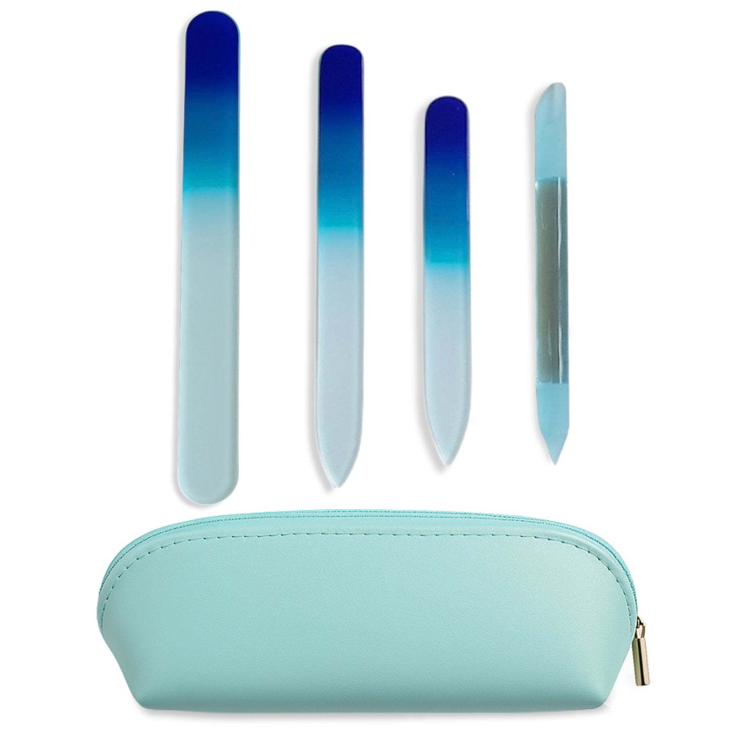 Alban Czech Glass Nail File Set with Manicure Stick & Vegan Leather Cosmetic Case (Royal Blue Nail Files, Light Blue Manicure Stick & Cosmetic Case)