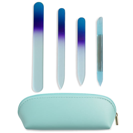 Alban Czech Glass Nail File Set with Manicure Stick & Vegan Leather Cosmetic Case (Royal Blue & Purple Nail Files, Light Blue Manicure Stick & Cosmetic Case)