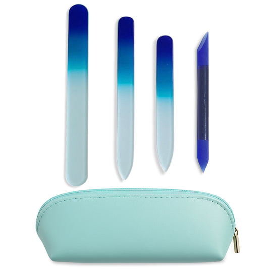 Alban Czech Glass Nail File Set with Manicure Stick & Vegan Leather Cosmetic Case (Green-Blue Nail Files, Light Blue Manicure Stick & Cosmetic Case)
