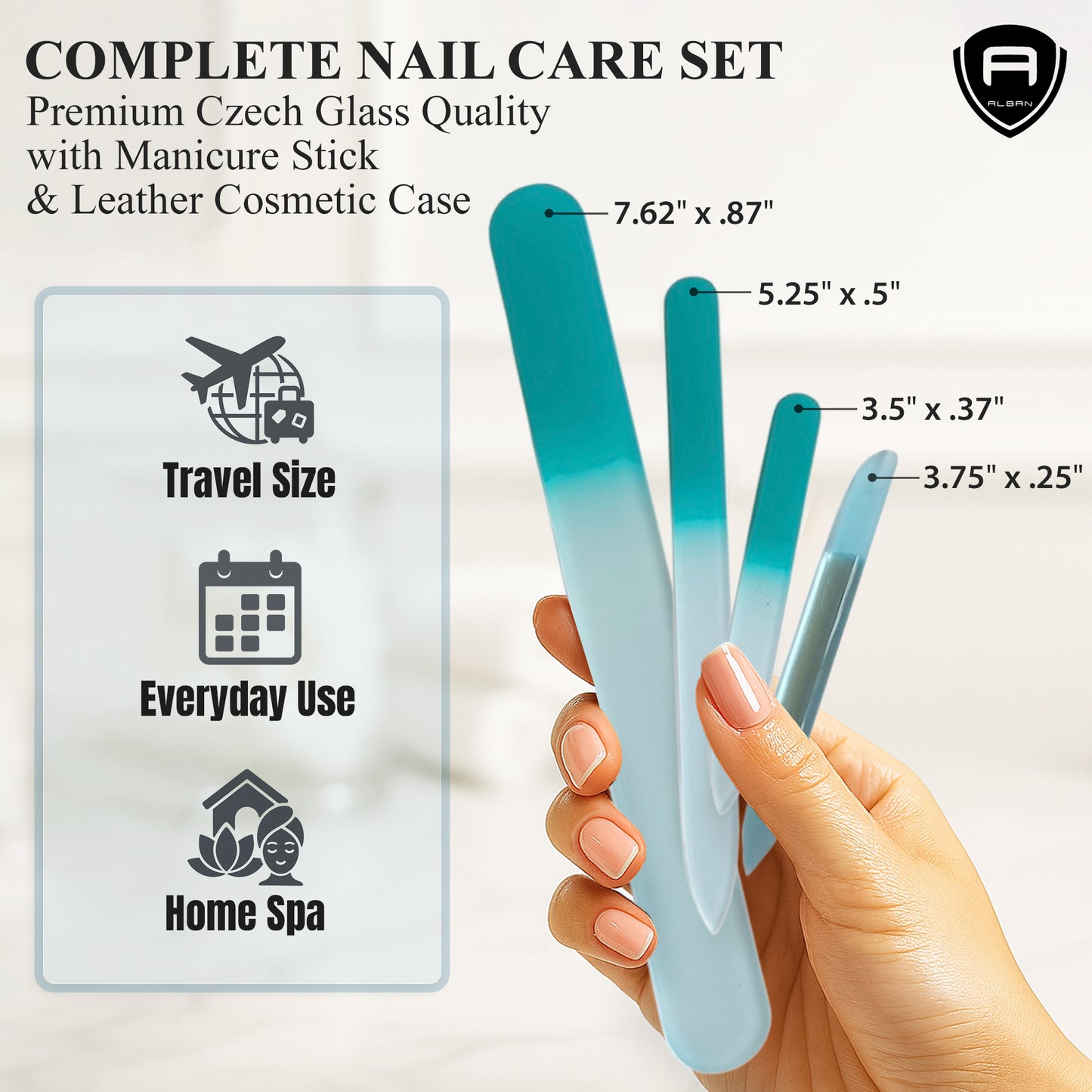 Alban Czech Glass Nail File Set with Manicure Stick & Vegan Leather Cosmetic Case (Turquoise Nail Files, Light Blue Manicure Stick & Cosmetic Case)
