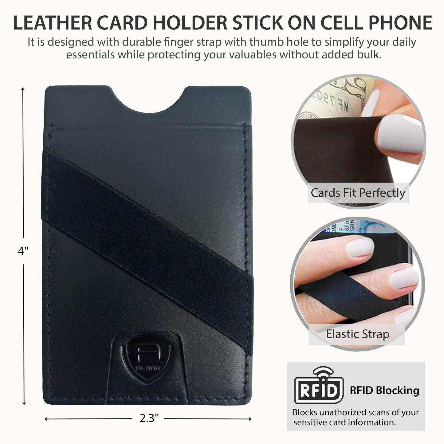 Alban Leather Stick On Cell Phone Wallet with Finger Strap, Phone Pocket Case for Credit Card, ID, Cash - Strong Adhesive, RFID Blocking, Compatible with Most Phones