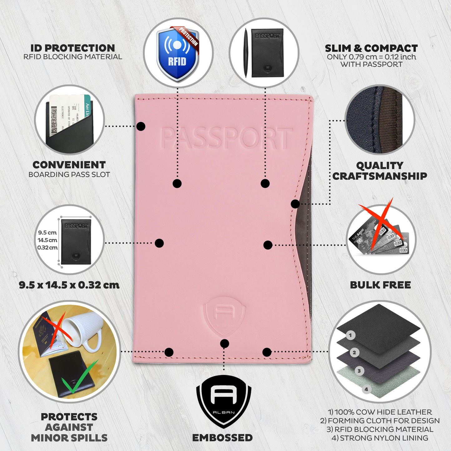Alban RFID Passport Holder Women Men RFID Blocking Travel Passport Wallet Case Genuine Pink Leather Passport Cover porta pasaporte