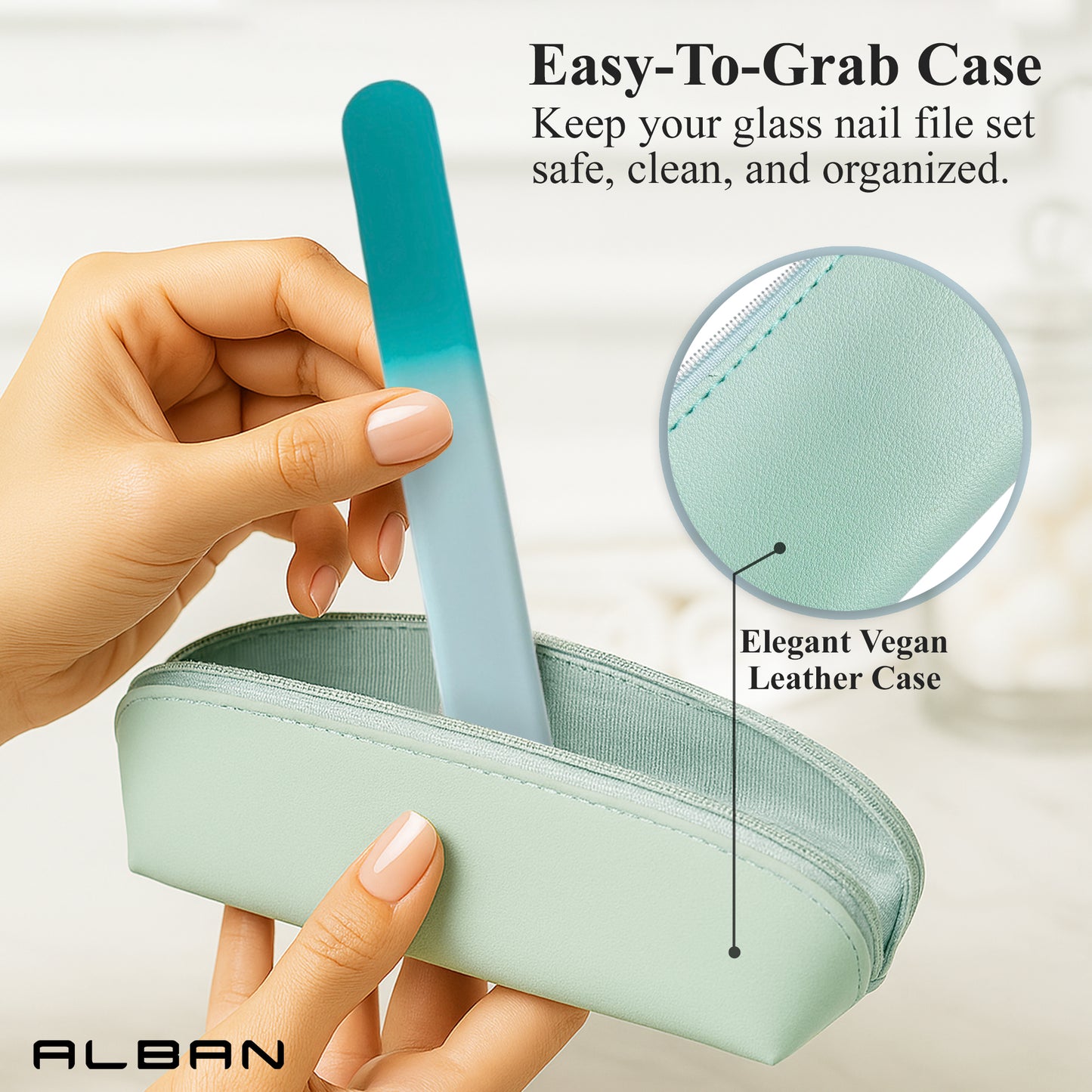 Alban Czech Glass Nail File Set with Manicure Stick & Vegan Leather Cosmetic Case (Turquoise Nail Files, Light Blue Manicure Stick & Cosmetic Case)