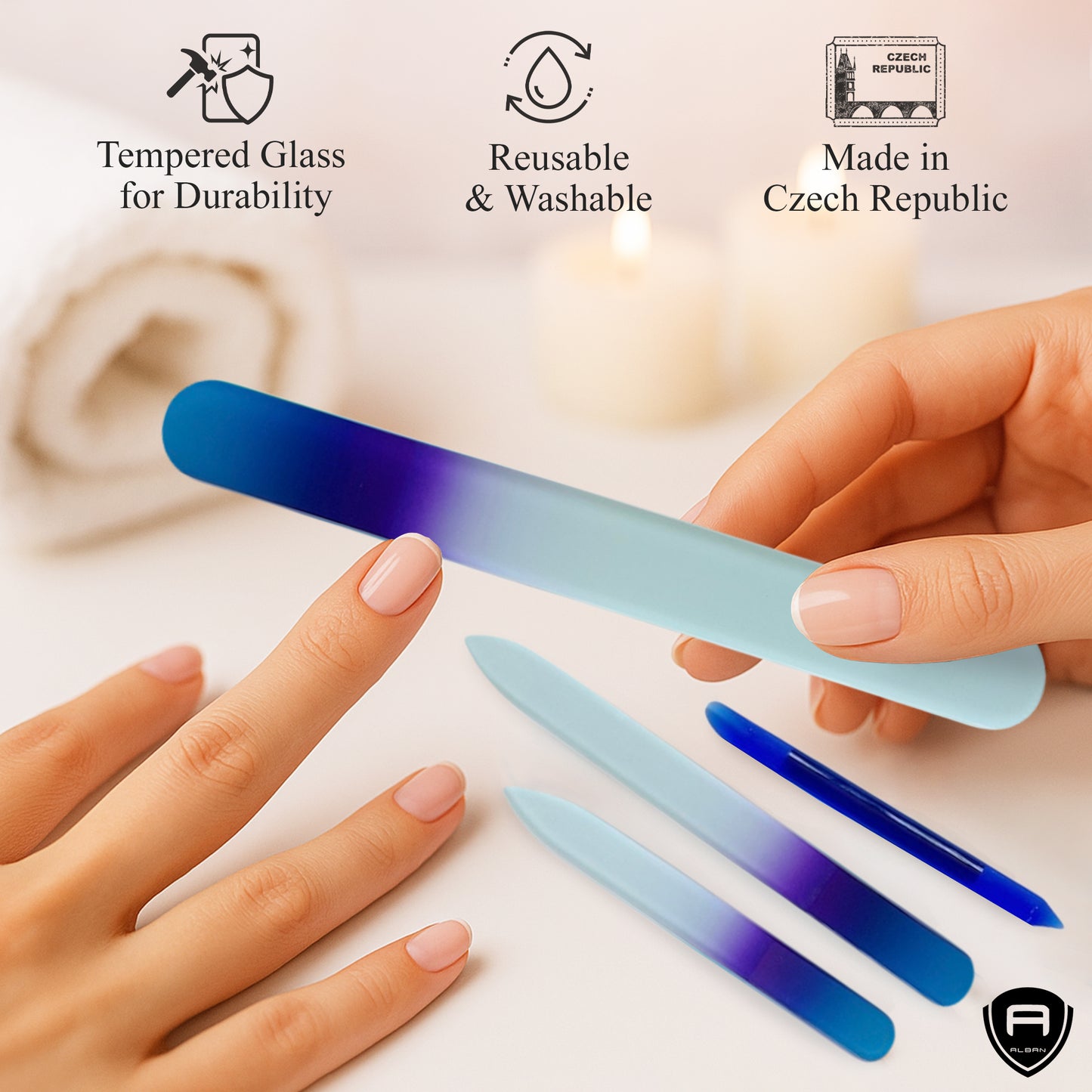 Alban Czech Glass Nail File Set with Manicure Stick & Vegan Leather Cosmetic Case (Royal Blue & Purple Nail Files, Royal Manicure Stick & Light Blue Cosmetic Case)