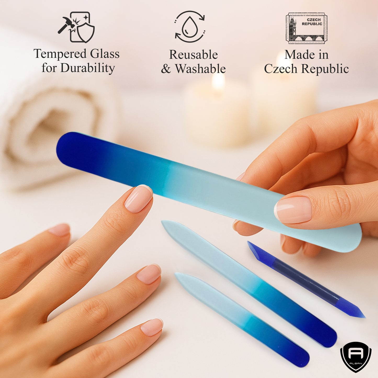Alban Czech Glass Nail File Set with Manicure Stick & Vegan Leather Cosmetic Case (Green-Blue Nail Files, Light Blue Manicure Stick & Cosmetic Case)