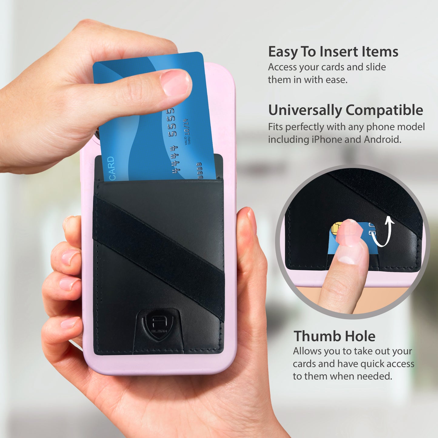 Alban Leather Stick On Cell Phone Wallet with Finger Strap, Phone Pocket Case for Credit Card, ID, Cash - Strong Adhesive, RFID Blocking, Compatible with Most Phones