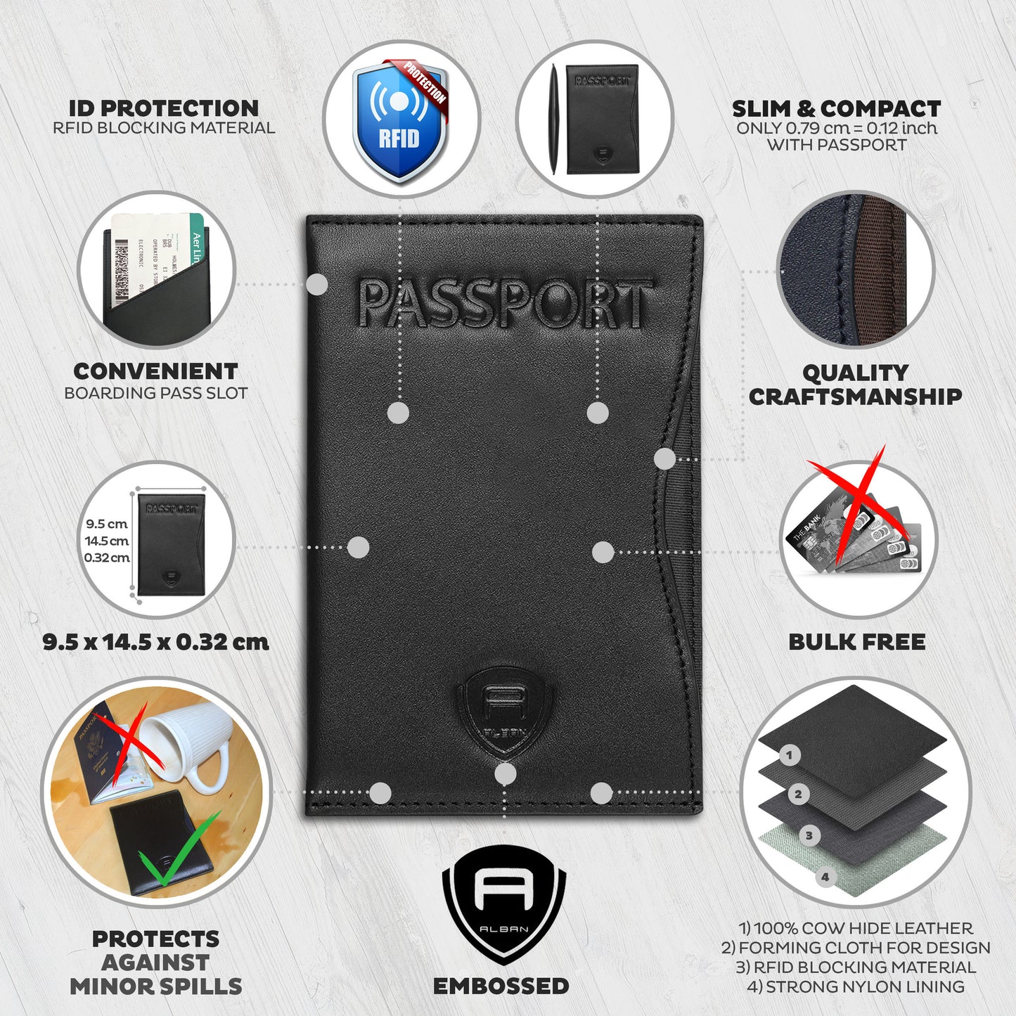 Alban RFID Passport Holder Women Men RFID Blocking Travel Passport Wallet Case Genuine Ebony Black Leather Passport Cover porta pasaporte