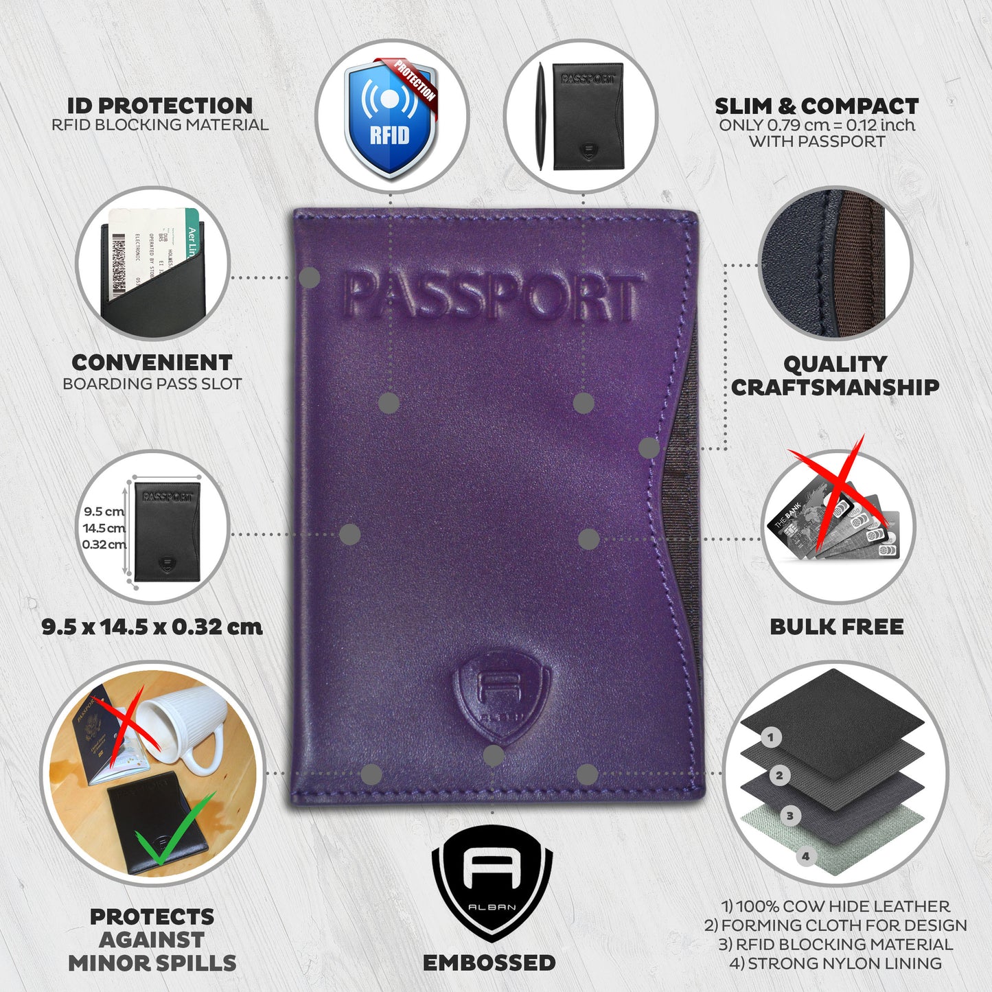 Alban RFID Passport Holder Women Men RFID Blocking Travel Passport Wallet Case Genuine Purple Leather Passport Cover porta pasaporte