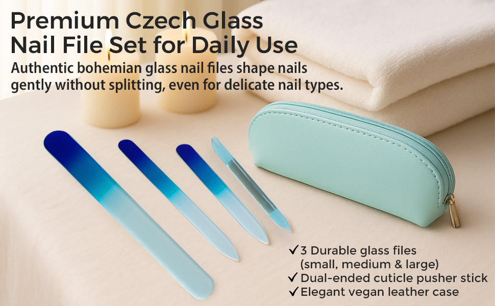Alban Czech Glass Nail File Set with Manicure Stick & Vegan Leather Cosmetic Case (Royal Blue Nail Files, Light Blue Manicure Stick & Cosmetic Case)