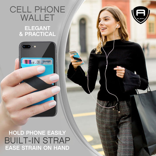 Alban Credit Card Holder Stick on Cell Phone Wallet RFID Blocking with Finger Strap 2 Pack (Blue)