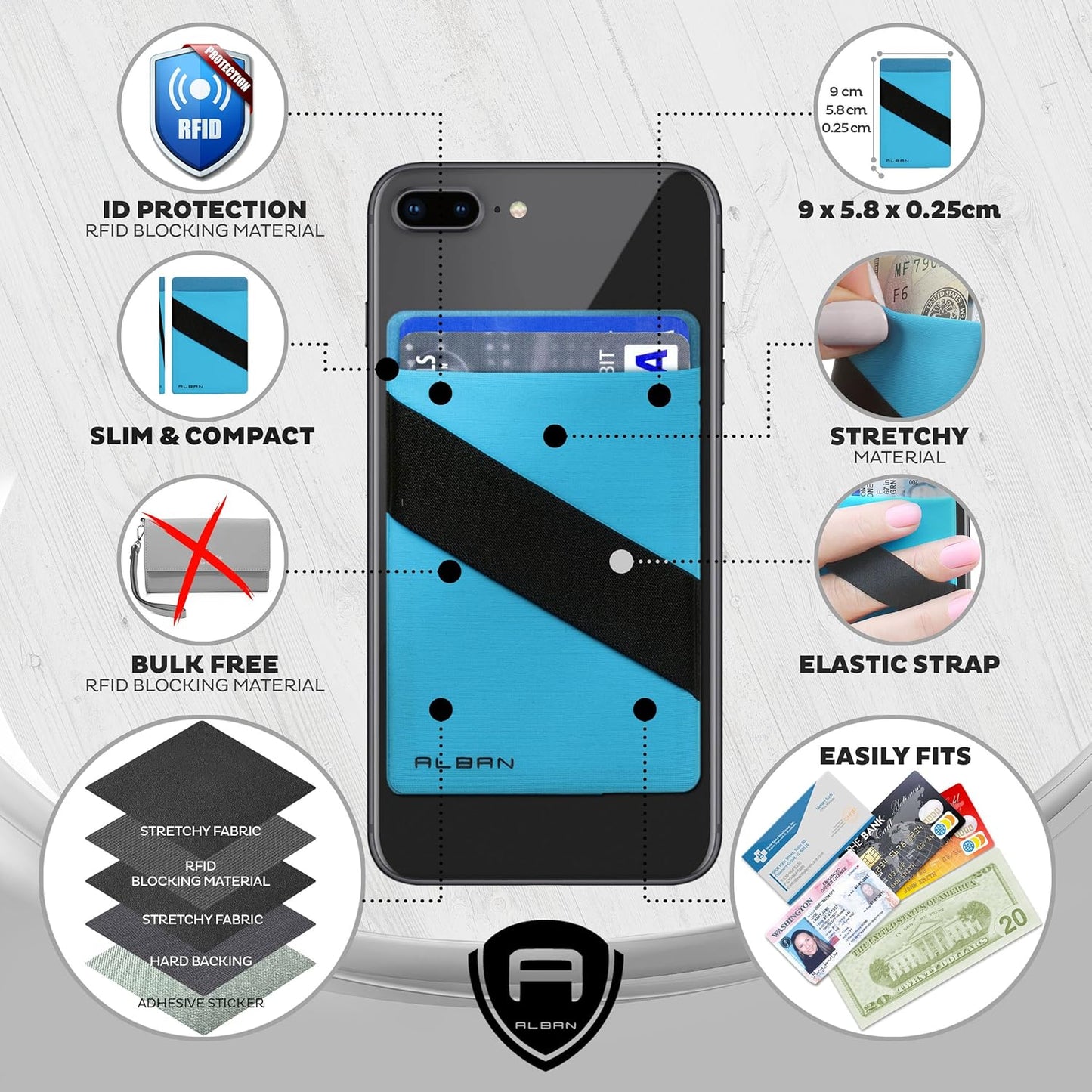 Alban Credit Card Holder Stick on Cell Phone Wallet RFID Blocking with Finger Strap 2 Pack (Blue)