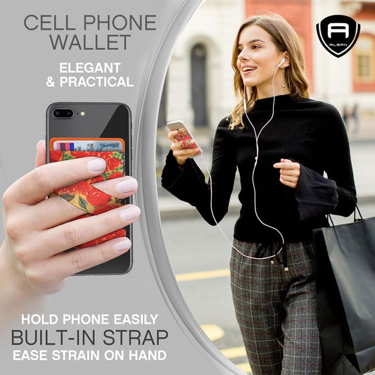 Alban Credit Card Holder Stick on Cell Phone Wallet RFID Blocking with Finger Strap 2 Pack (Orange Floral)