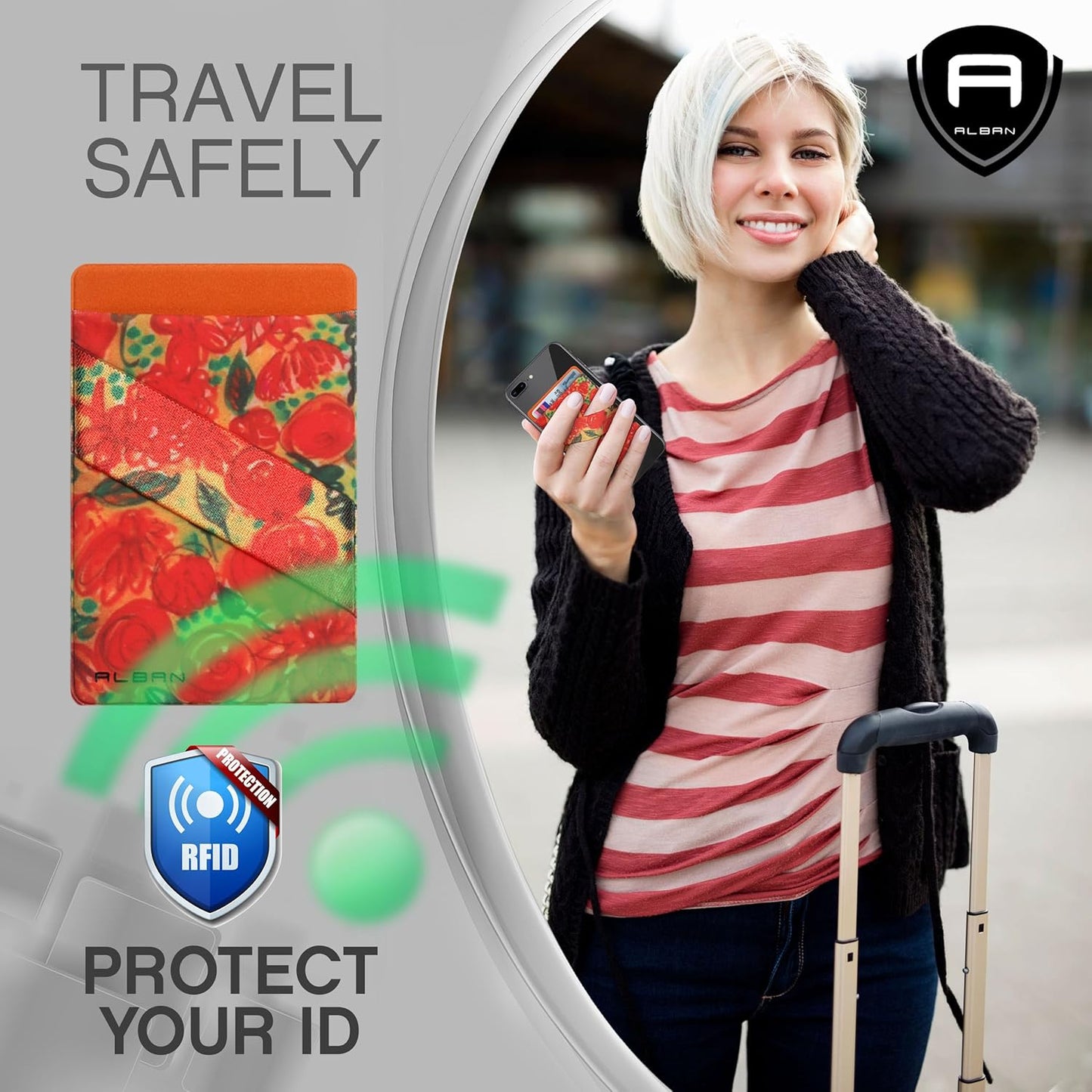 Alban Credit Card Holder Stick on Cell Phone Wallet RFID Blocking with Finger Strap 2 Pack (Orange Floral)