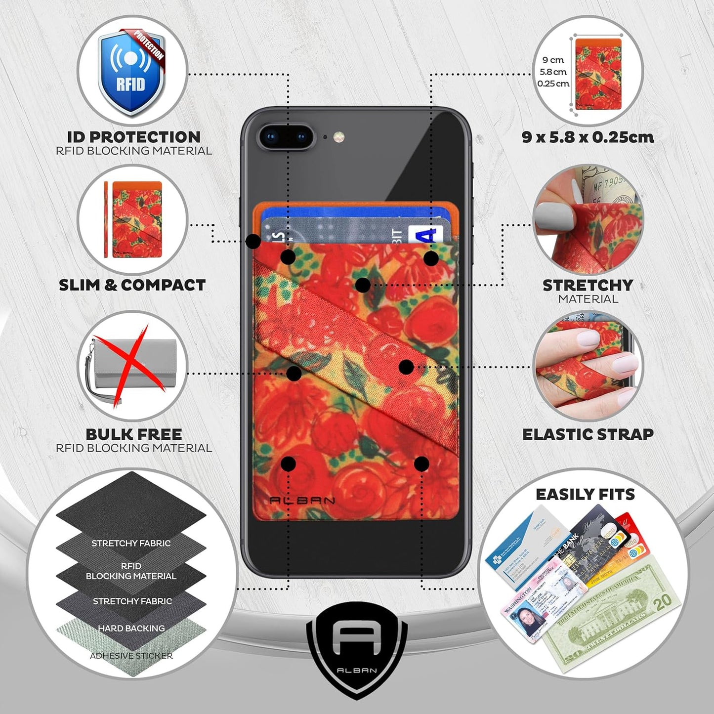 Alban Credit Card Holder Stick on Cell Phone Wallet RFID Blocking with Finger Strap 2 Pack (Orange Floral)