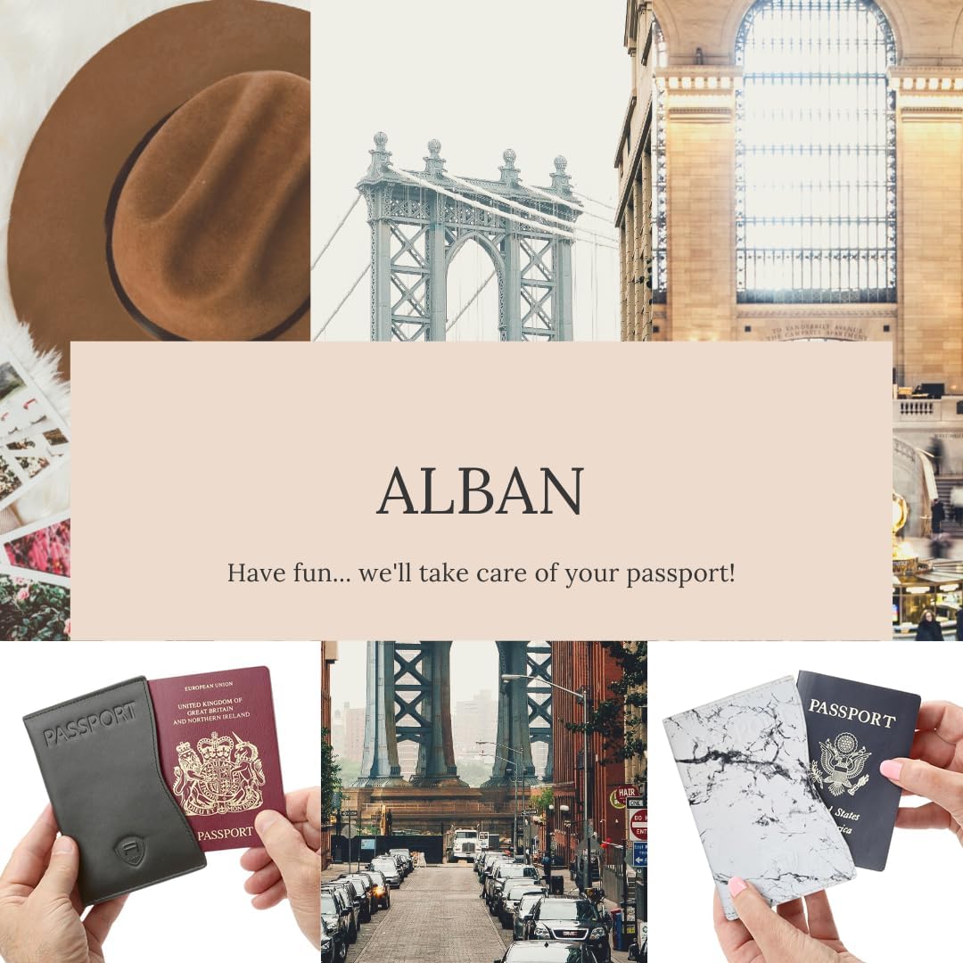 Alban RFID Passport Holder Women Men RFID Blocking Travel Passport Wallet Case Genuine Navy Blue Leather Passport Cover porta pasaporte