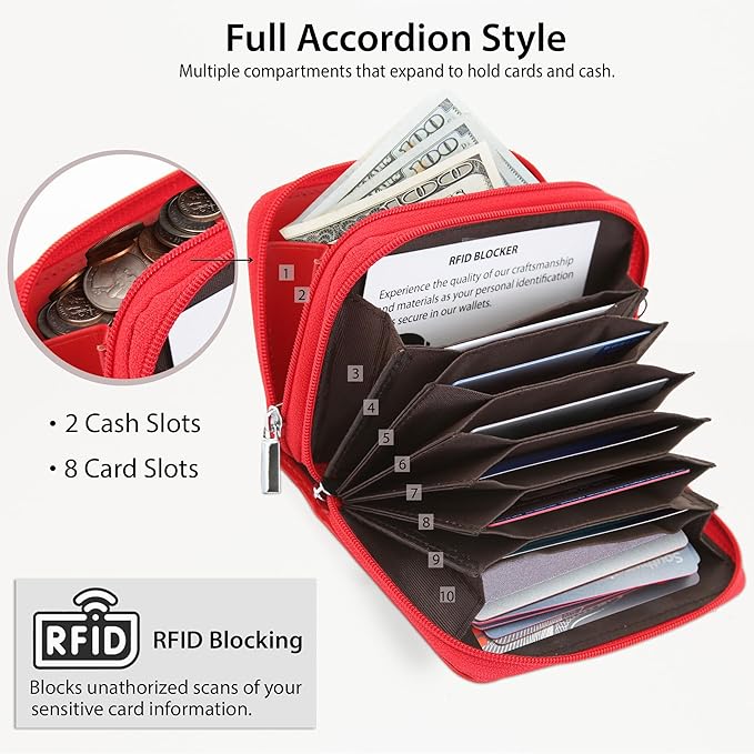 Alban Genuine Leather RFID Protection Credit Card Accordion Wallet (Red)