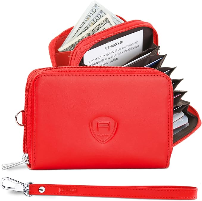 Alban Genuine Leather RFID Protection Credit Card Accordion Wallet (Red)