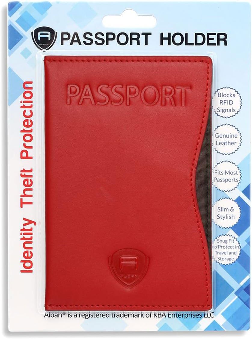 Alban RFID Passport Holder Women Men RFID Blocking Travel Passport Wallet Case Genuine Red Leather Passport Cover porta pasaporte