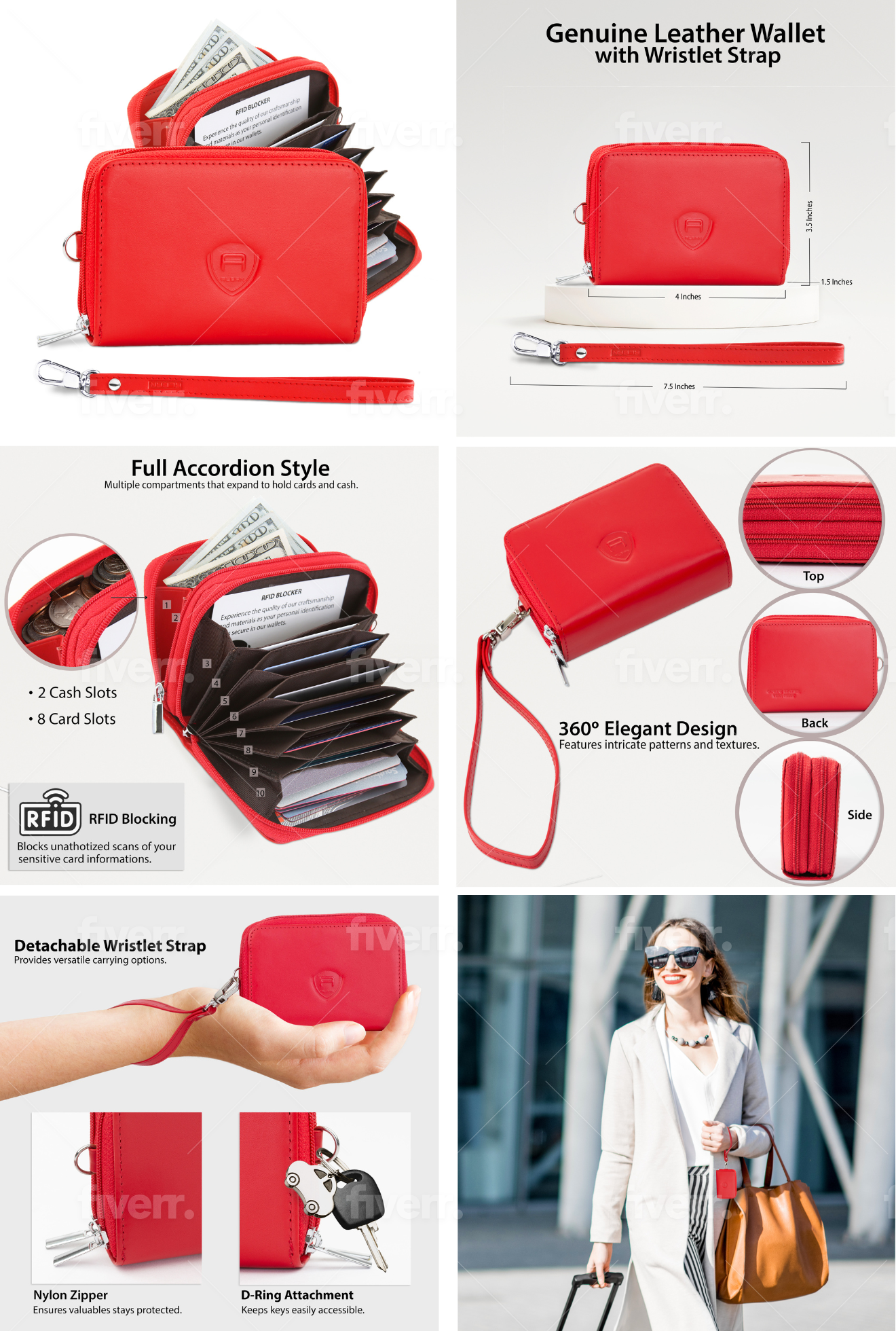 Alban Genuine Leather RFID Protection Credit Card Accordion Wallet (Red)