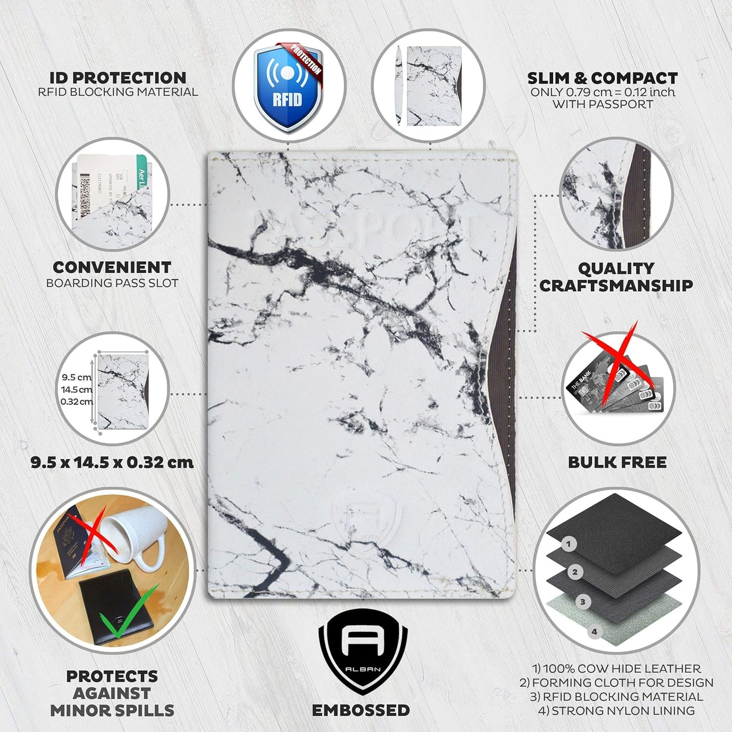 Alban RFID Passport Holder Women Men RFID Blocking Travel Passport Wallet Case Genuine White Marble Leather Passport Cover porta pasaporte