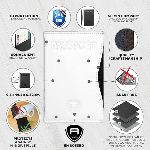 Alban RFID Passport Holder Women Men RFID Blocking Travel Passport Wallet Case Genuine White Leather Passport Cover porta pasaporte