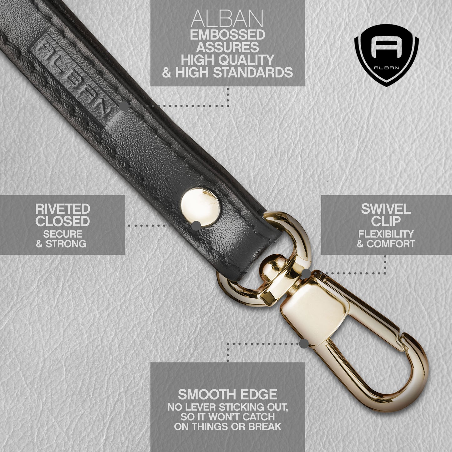 Alban Leather Wrist Strap for Wallet, Clutch, Keys, Wristlet Purse, Keychain for Women and Men - Genuine Black Leather Strap with Gold Metal Clasp