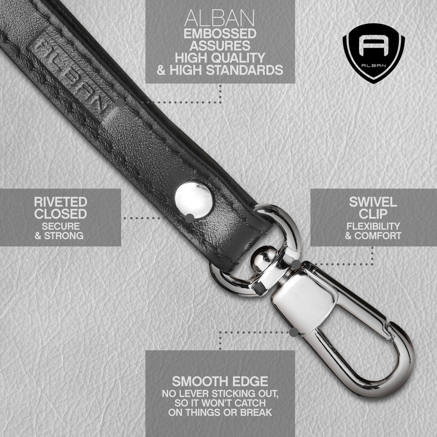 Alban Leather Wrist Strap for Wallet, Clutch, Keys, Wristlet Purse, Keychain for Women and Men - Genuine Black Leather Strap with Silver Metal Clasp