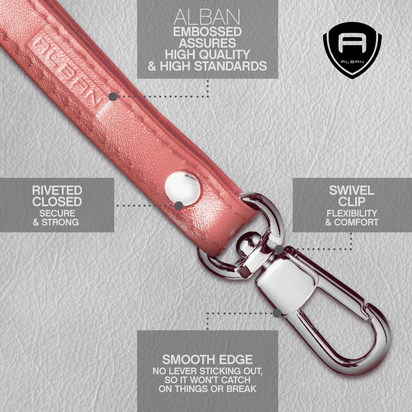 Alban Leather Wrist Strap for Wallet, Clutch, Keys, Wristlet Purse, Keychain for Women and Men - Genuine Pink Leather Strap with Silver Metal Clasp