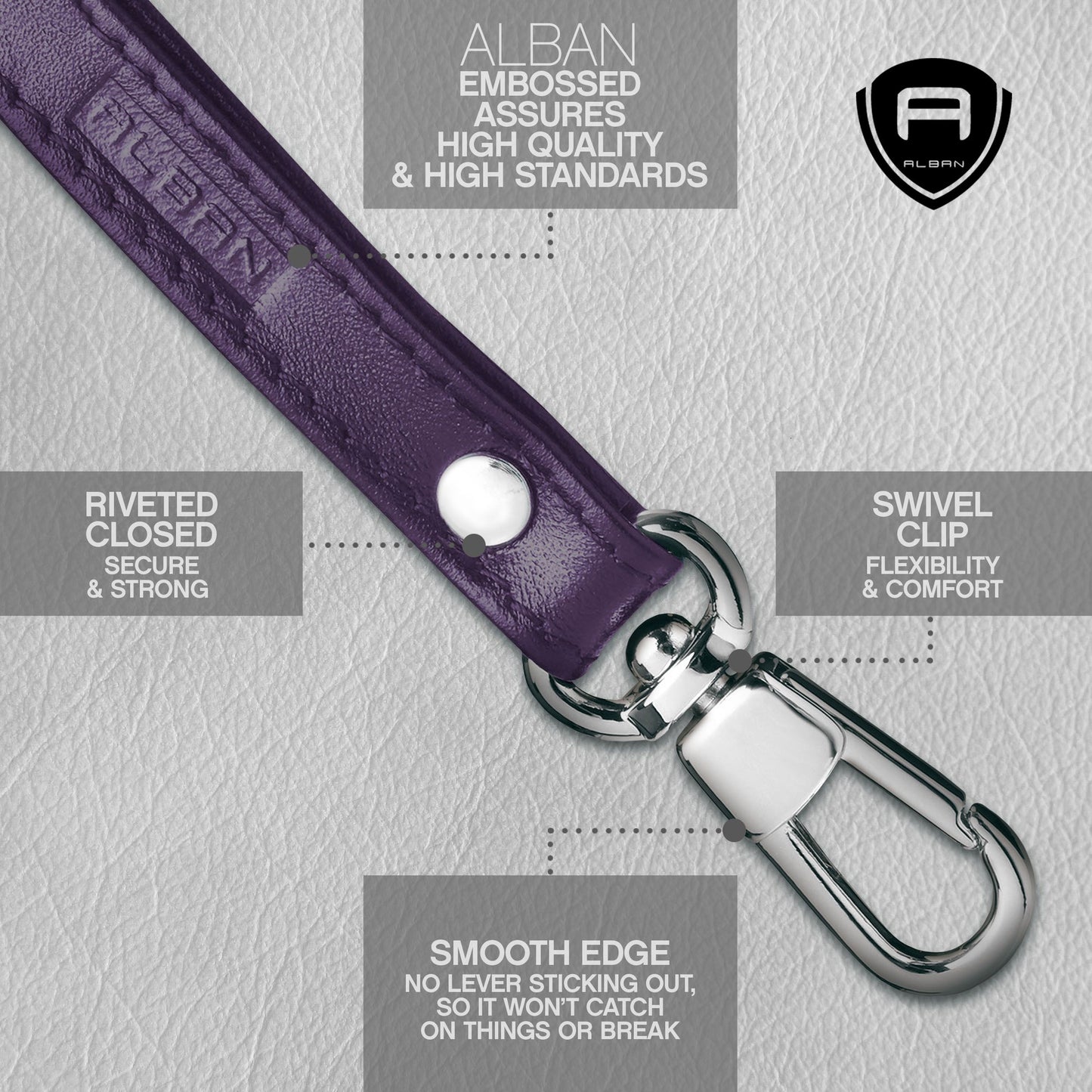 Alban Leather Wrist Strap for Wallet, Clutch, Keys, Wristlet Purse, Keychain for Women and Men - Genuine Purple Leather Strap with Silver Metal Clasp