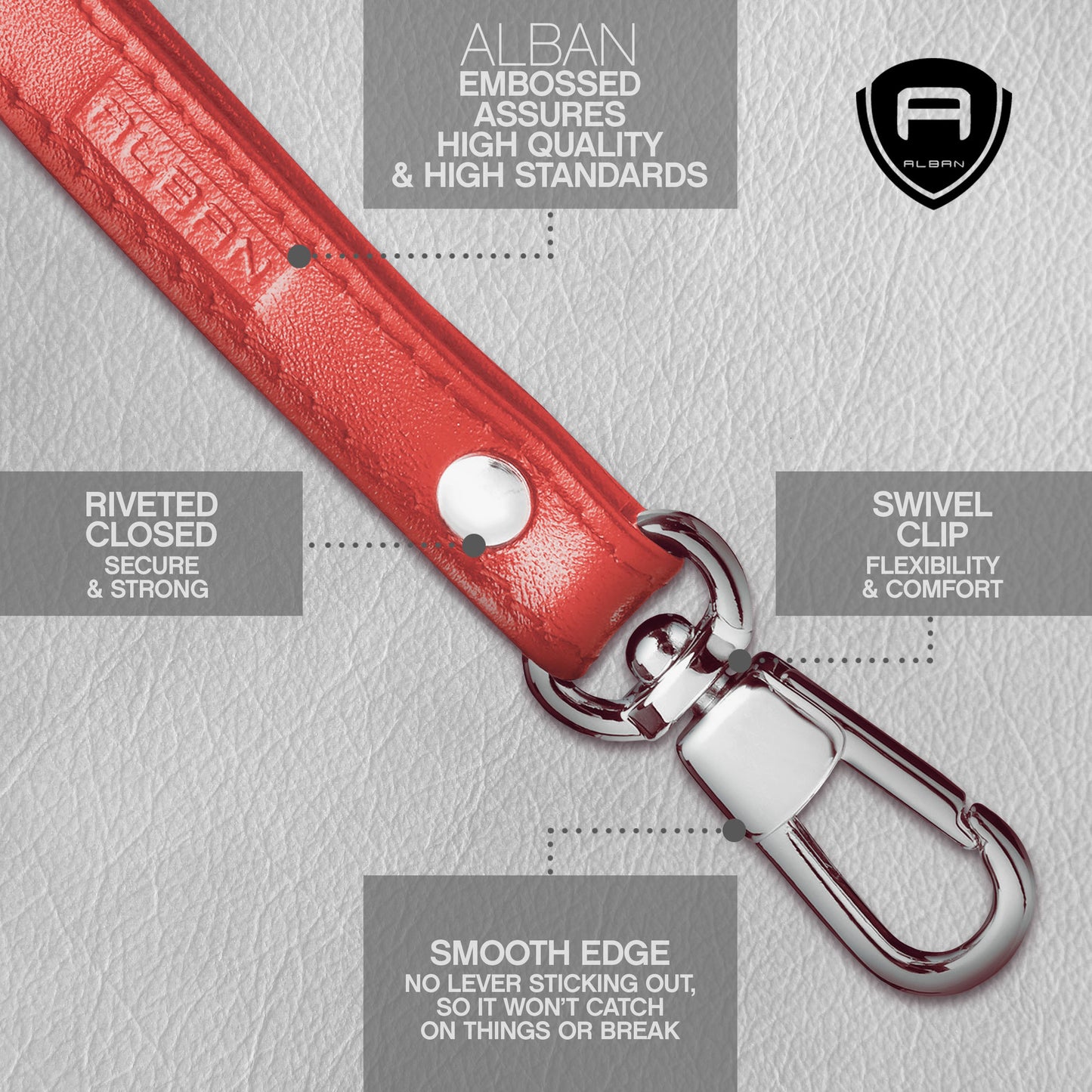 Alban Leather Wrist Strap for Wallet, Clutch, Keys, Wristlet Purse, Keychain for Women and Men - Genuine Red Leather Strap with Silver Metal Clasp