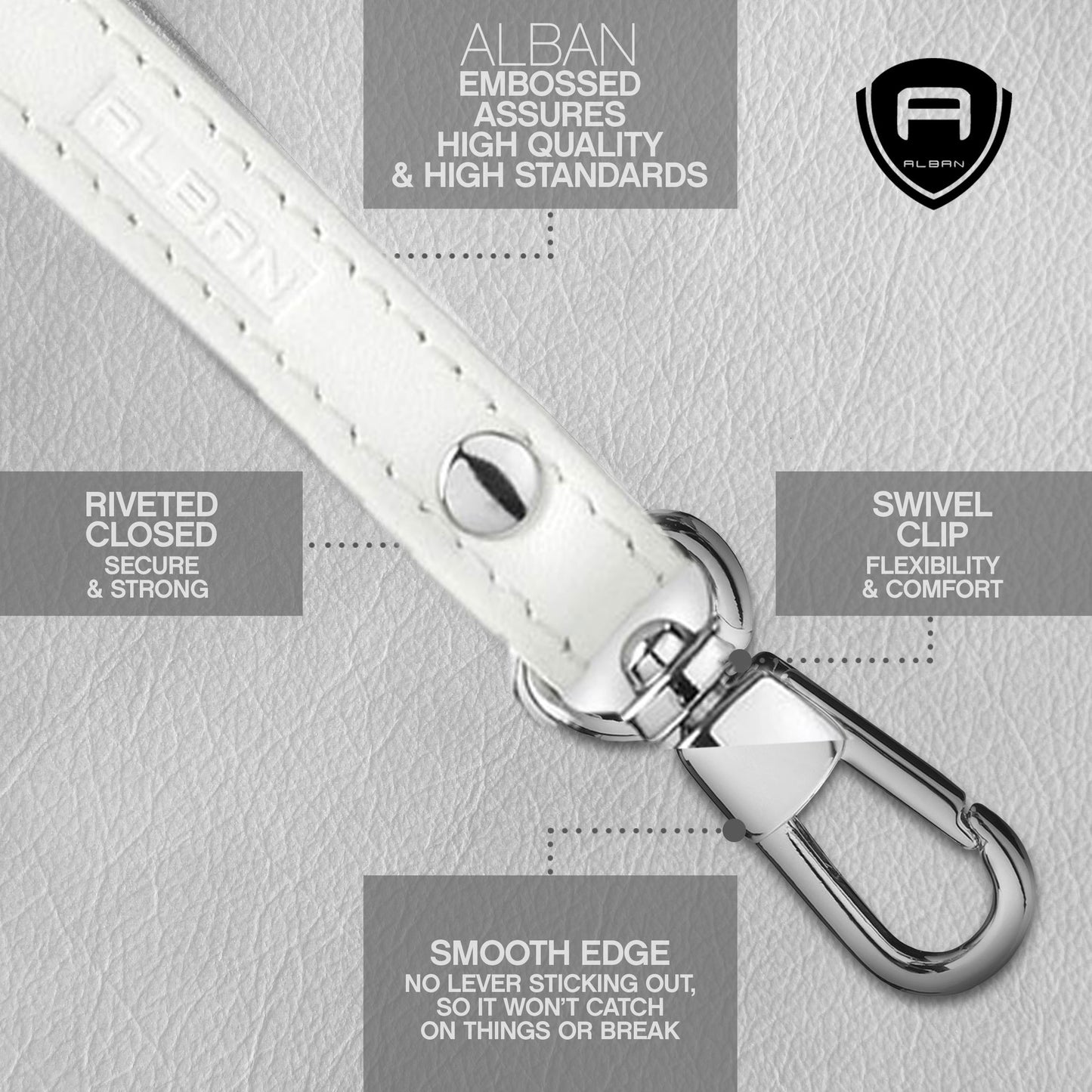Alban Leather Wrist Strap for Wallet, Clutch, Keys, Wristlet Purse, Keychain for Women and Men - Genuine White Leather Strap with Silver Metal Clasp