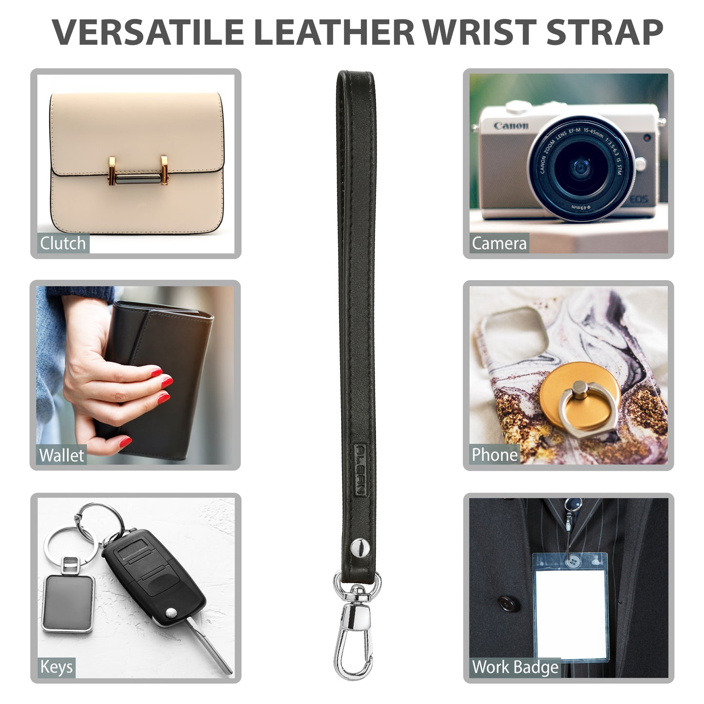 Alban Leather Wrist Strap for Wallet, Clutch, Keys, Wristlet Purse, Keychain for Women and Men - Genuine Black Leather Strap with Silver Metal Clasp
