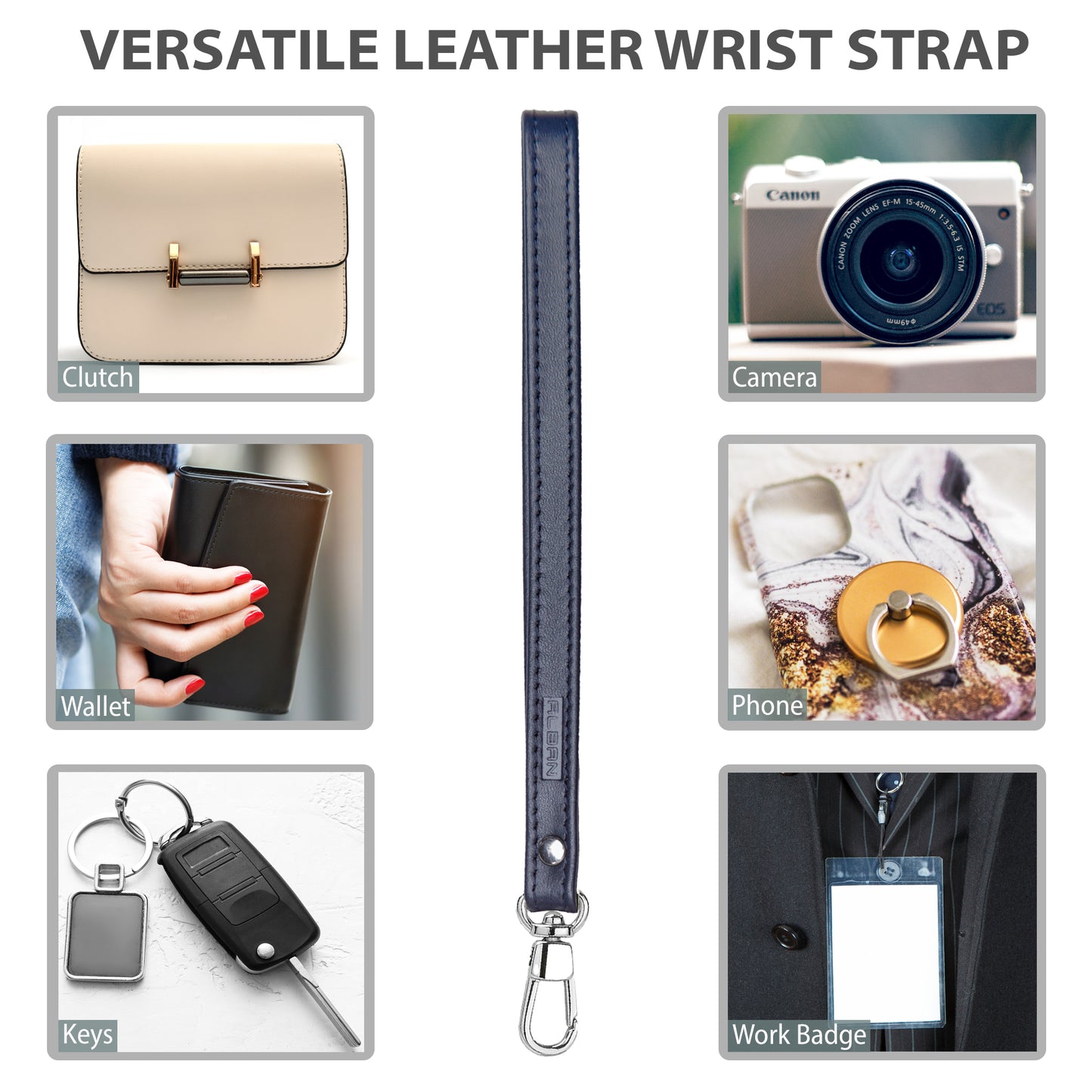 Alban Leather Wrist Strap for Wallet, Clutch, Keys, Wristlet Purse, Keychain for Women and Men - Genuine Navy Blue Leather Strap with Silver Metal Clasp