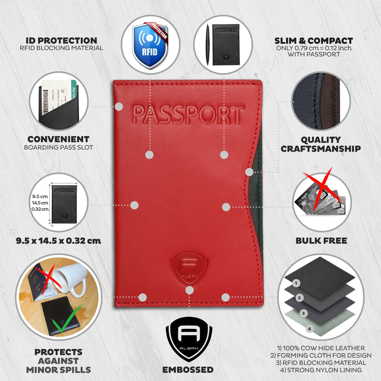 Alban RFID Passport Holder Women Men RFID Blocking Travel Passport Wallet Case Genuine Red Leather Passport Cover porta pasaporte