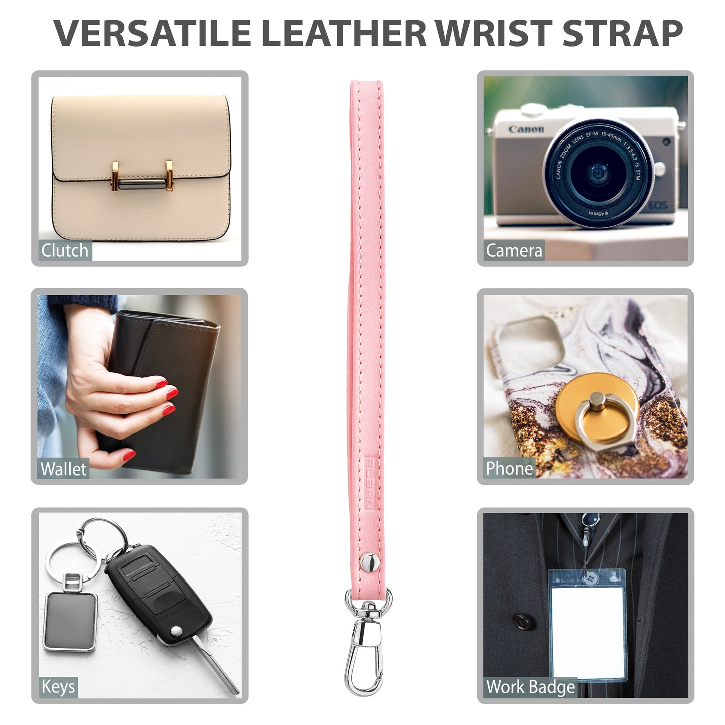 Alban Leather Wrist Strap for Wallet, Clutch, Keys, Wristlet Purse, Keychain for Women and Men - Genuine Pink Leather Strap with Silver Metal Clasp