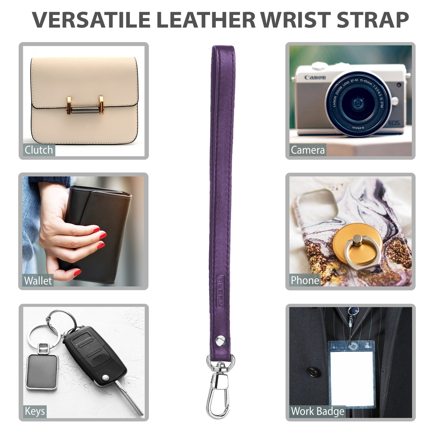 Alban Leather Wrist Strap for Wallet, Clutch, Keys, Wristlet Purse, Keychain for Women and Men - Genuine Purple Leather Strap with Silver Metal Clasp