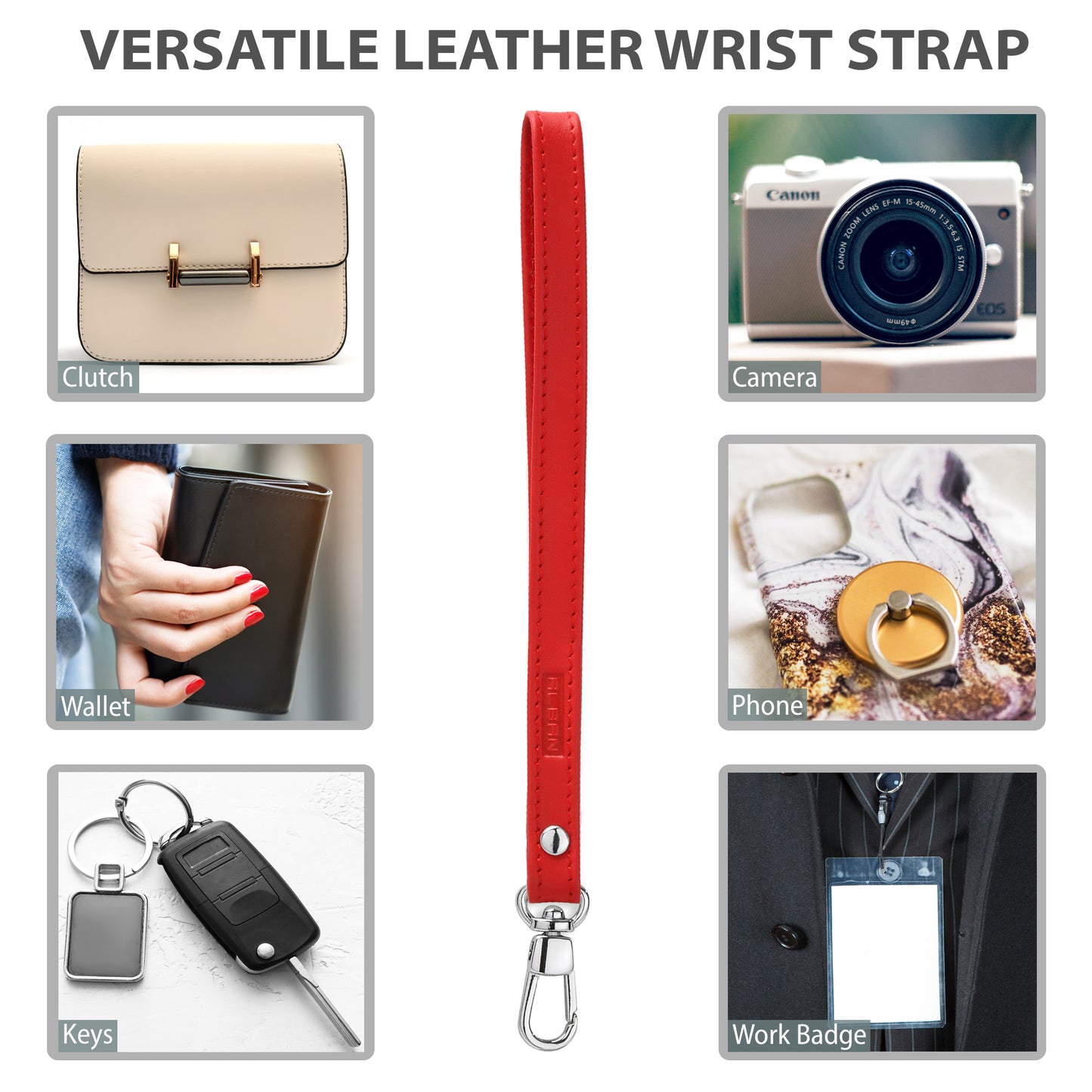 Alban Leather Wrist Strap for Wallet, Clutch, Keys, Wristlet Purse, Keychain for Women and Men - Genuine Red Leather Strap with Silver Metal Clasp