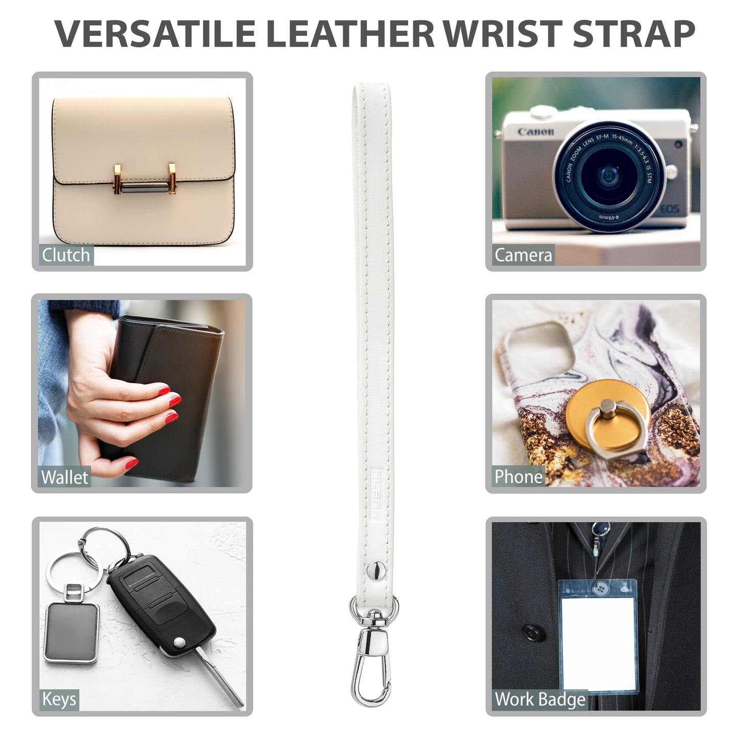Alban Leather Wrist Strap for Wallet, Clutch, Keys, Wristlet Purse, Keychain for Women and Men - Genuine White Leather Strap with Silver Metal Clasp