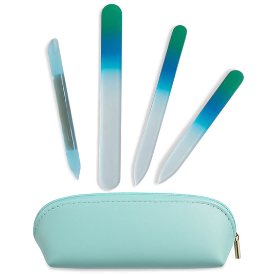 Alban Czech Glass Nail File Set with Manicure Stick & Vegan Leather Cosmetic Case (Green-Blue Nail Files, Light Blue Manicure Stick & Cosmetic Case) (ALB61)