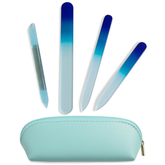 Alban Czech Glass Nail File Set with Manicure Stick & Vegan Leather Cosmetic Case (Royal Blue Nail Files, Light Blue Manicure Stick & Cosmetic Case)