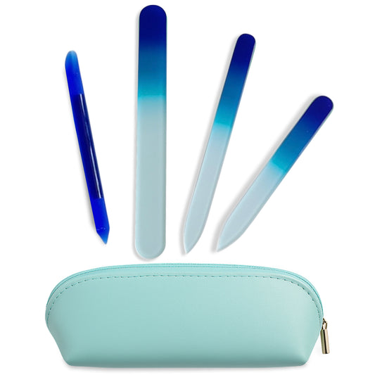 Alban Czech Glass Nail File Set with Manicure Stick & Vegan Leather Cosmetic Case (Green-Blue Nail Files, Light Blue Manicure Stick & Cosmetic Case)