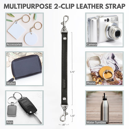 Alban Leather 2-Clip Strap for Wallet, Clutch, Wristlet Purse, Keys, Keychain for Women and Men - Black Genuine Leather Strap with Silver Clasp