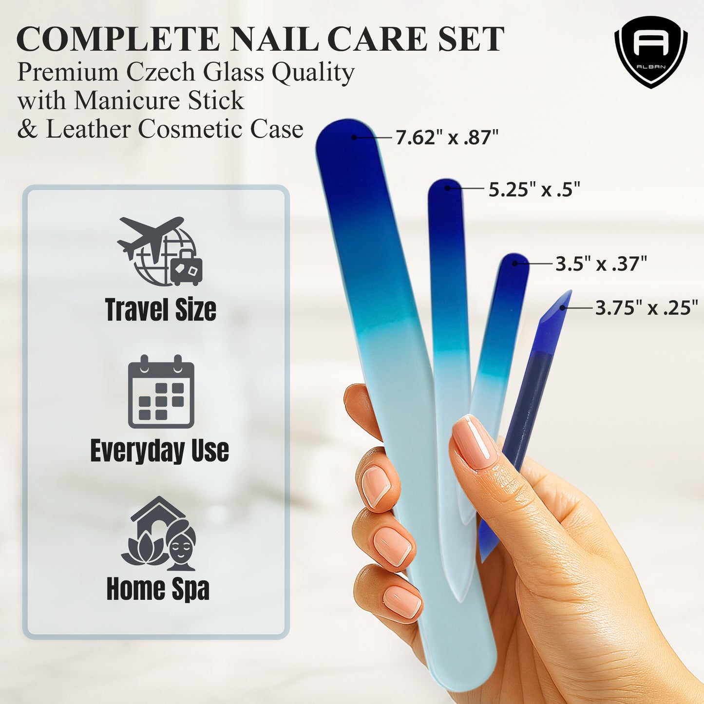 Alban Czech Glass Nail File Set with Manicure Stick & Vegan Leather Cosmetic Case (Green-Blue Nail Files, Light Blue Manicure Stick & Cosmetic Case)