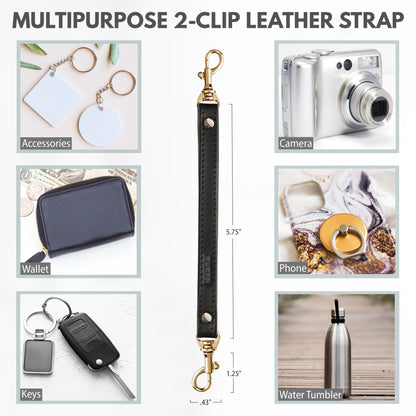 Alban Leather 2-Clip Strap for Wallet, Clutch, Wristlet Purse, Keys, Keychain for Women and Men - Black Genuine Leather Strap with Gold Clasp