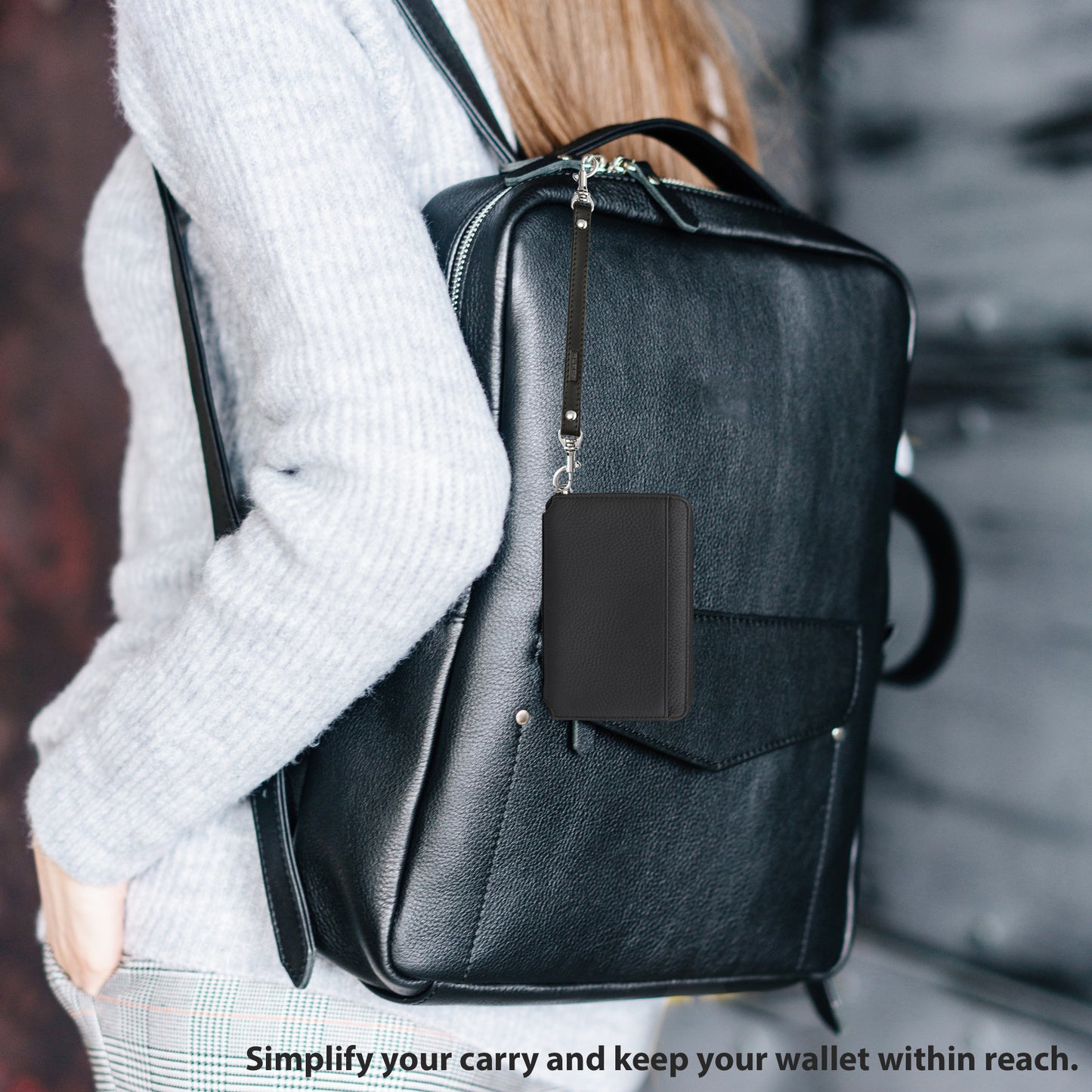 Alban Leather 2-Clip Strap for Wallet, Clutch, Wristlet Purse, Keys, Keychain for Women and Men - Black Genuine Leather Strap with Silver Clasp
