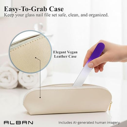 Alban Czech Glass Nail File Set with Manicure Stick & Vegan Leather Case